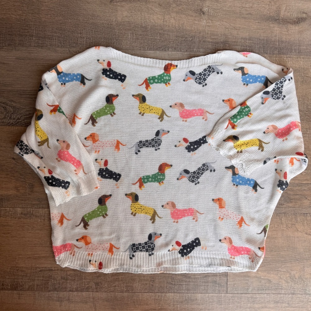 Yolly Italy Womens Dachshund Dog Print Knit Batwing Sweater White One Size